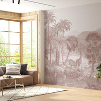 An architectural perspective of a refined living area featuring the Savanna Splendor Mural as a full-scale feature wall. The Smoky Terracotta palette creates a warm, atmospheric focal point that pairs beautifully with natural wood furniture, linen textures, and warm-toned lighting.