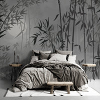 An architectural perspective of a minimalist master suite featuring the Serene Mural in Soft Gray as a full-scale feature wall. The mural’s neutral, ethereal tones pair elegantly with charcoal furniture, white linen textiles, and light oak flooring, creating a balanced and cultured interior sanctuary.