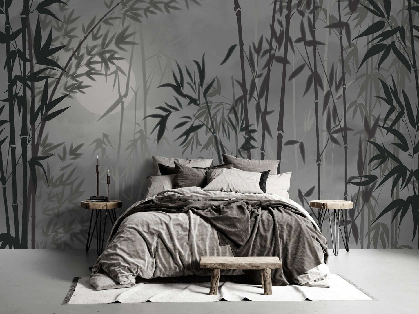 An architectural perspective of a minimalist master suite featuring the Serene Mural in Soft Gray as a full-scale feature wall. The mural’s neutral, ethereal tones pair elegantly with charcoal furniture, white linen textiles, and light oak flooring, creating a balanced and cultured interior sanctuary.