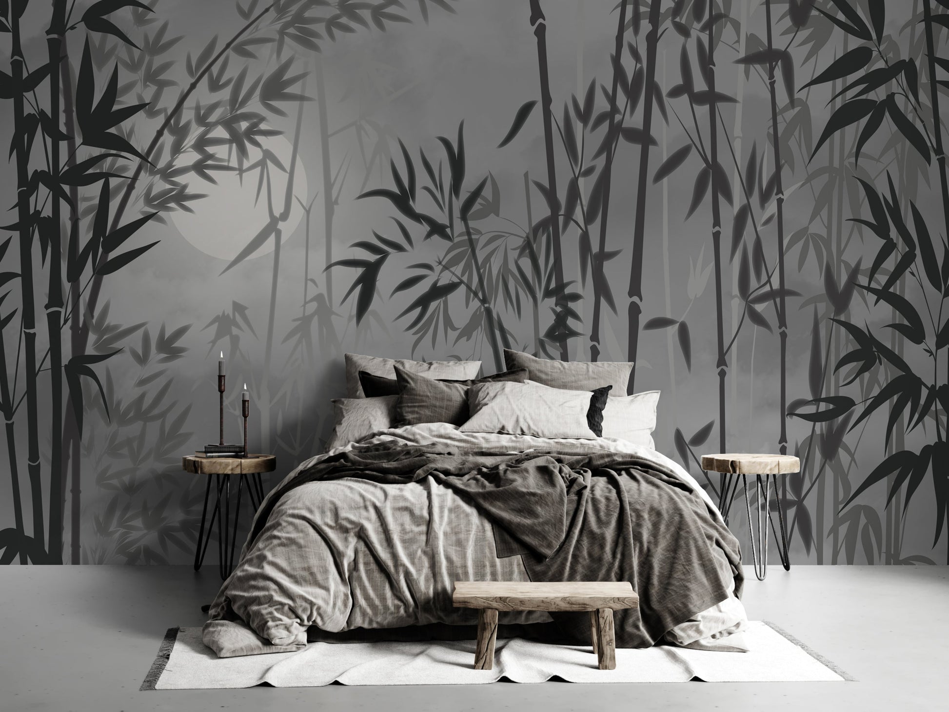 An architectural perspective of a minimalist master suite featuring the Serene Mural in Soft Gray as a full-scale feature wall. The mural’s neutral, ethereal tones pair elegantly with charcoal furniture, white linen textiles, and light oak flooring, creating a balanced and cultured interior sanctuary.