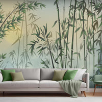 An architectural perspective of a contemporary, sunlit living area featuring the Exotic Foliage Mural in Matt Lime Yellow as a full-scale feature wall. The mural’s neutral earth tones pair beautifully with walnut furniture, cream textiles, and bronze accents, creating a serene and cultured interior sanctuary.