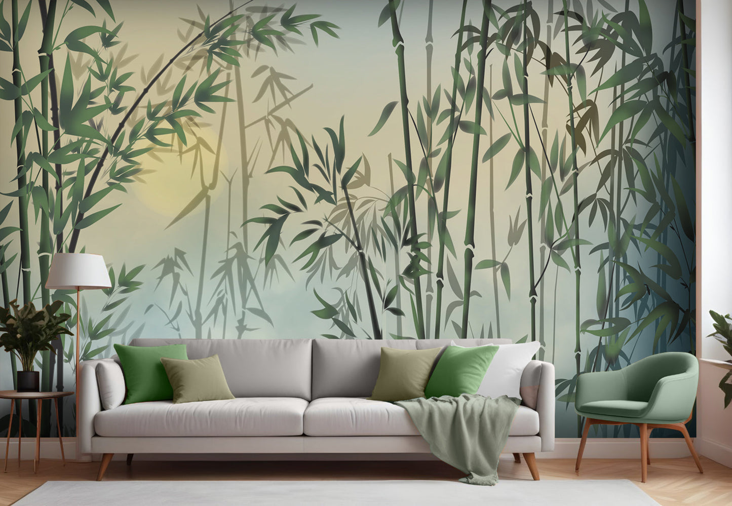 An architectural perspective of a contemporary, sunlit living area featuring the Exotic Foliage Mural in Matt Lime Yellow as a full-scale feature wall. The mural’s neutral earth tones pair beautifully with walnut furniture, cream textiles, and bronze accents, creating a serene and cultured interior sanctuary.