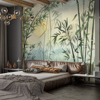 An architectural perspective of a contemporary, sunlit living area featuring the Exotic Foliage Mural in Matt Lime Yellow as a full-scale feature wall. The mural’s neutral earth tones pair beautifully with walnut furniture, cream textiles, and bronze accents, creating a serene and cultured interior sanctuary.