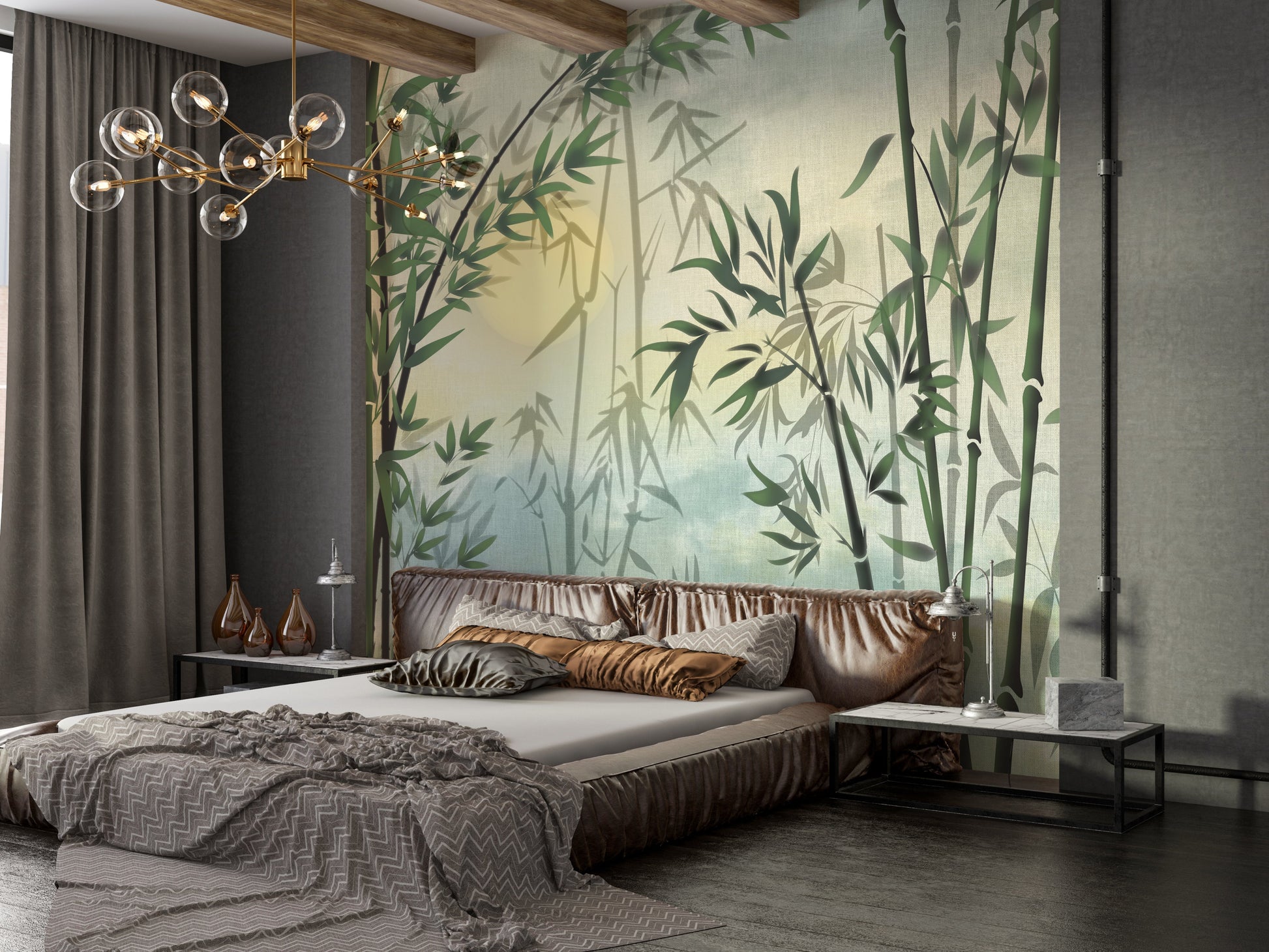 An architectural perspective of a contemporary, sunlit living area featuring the Exotic Foliage Mural in Matt Lime Yellow as a full-scale feature wall. The mural’s neutral earth tones pair beautifully with walnut furniture, cream textiles, and bronze accents, creating a serene and cultured interior sanctuary.