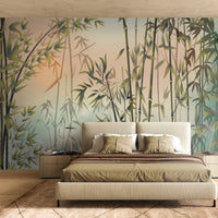 An architectural perspective of a contemporary master suite featuring the Serene Mural as a full-scale feature wall. The mural’s warm, ethereal tones pair elegantly with low-profile beige furniture, natural wood flooring, and soft earth-toned bedding, creating a balanced and cultured interior sanctuary.