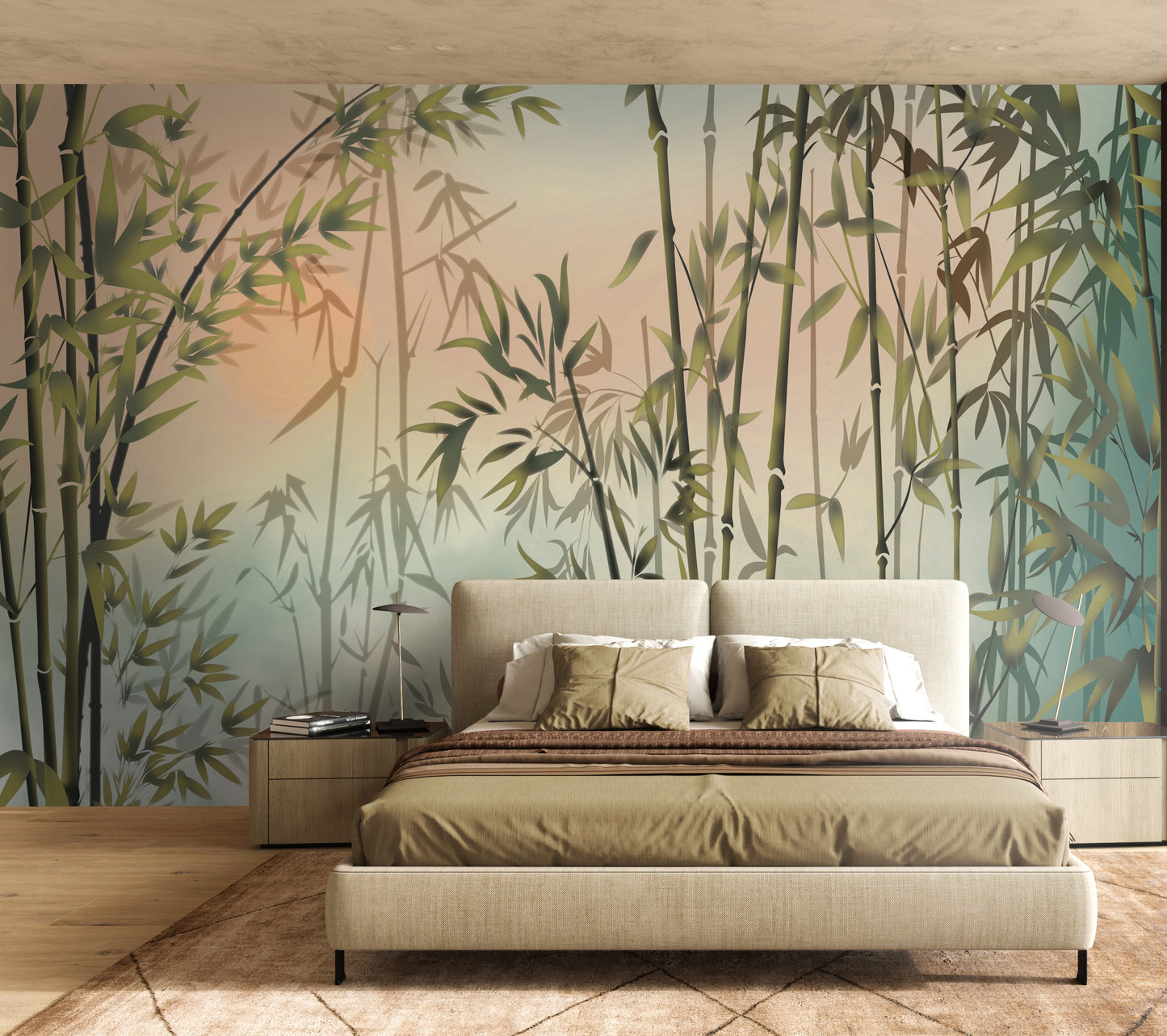 An architectural perspective of a contemporary master suite featuring the Serene Mural as a full-scale feature wall. The mural’s warm, ethereal tones pair elegantly with low-profile beige furniture, natural wood flooring, and soft earth-toned bedding, creating a balanced and cultured interior sanctuary.