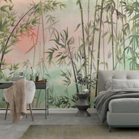 An architectural perspective of a contemporary master suite featuring the Serene Mural in Peach Orange as a full-scale feature wall. The mural’s warm, ethereal tones pair elegantly with dark wood furniture, cream-colored textiles, and soft ambient lighting, creating a balanced and cultured interior sanctuary.