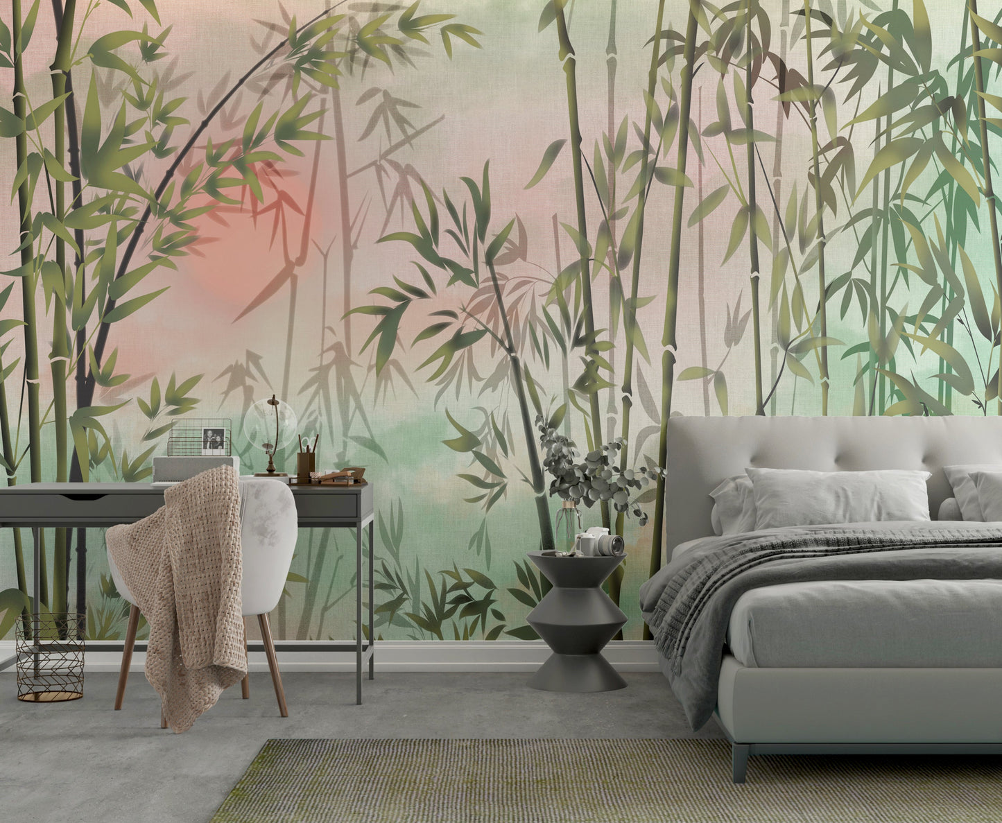 An architectural perspective of a contemporary master suite featuring the Serene Mural in Peach Orange as a full-scale feature wall. The mural’s warm, ethereal tones pair elegantly with dark wood furniture, cream-colored textiles, and soft ambient lighting, creating a balanced and cultured interior sanctuary.