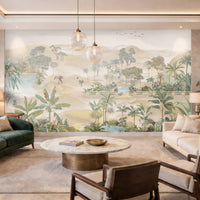 Luxury tropical landscape mural wallpaper with beige tones, palm trees, and serene nature scene used on a premium living room highlight wall.