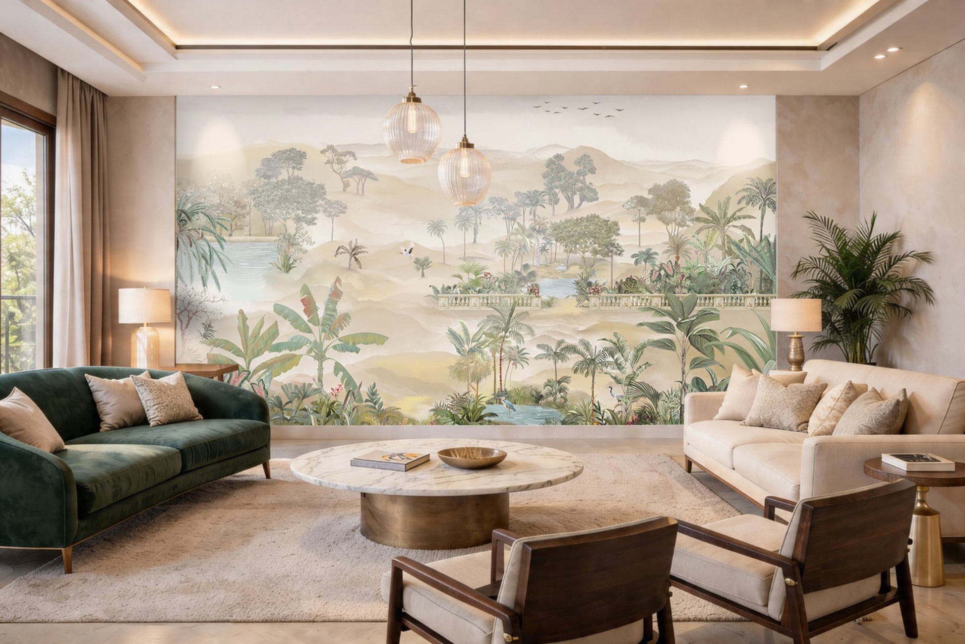 Luxury tropical landscape mural wallpaper with beige tones, palm trees, and serene nature scene used on a premium living room highlight wall.