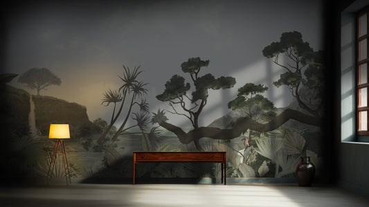 An architectural perspective of a high-end master bedroom featuring the Serenity Falls Mural as a full-scale feature wall. The mural’s warm, neutral landscape pairs elegantly with linen textiles and light oak furniture, creating a serene and cultured retreat.