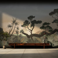 An architectural perspective of a high-end master bedroom featuring the Serenity Falls Mural as a full-scale feature wall. The mural’s warm, neutral landscape pairs elegantly with linen textiles and light oak furniture, creating a serene and cultured retreat.