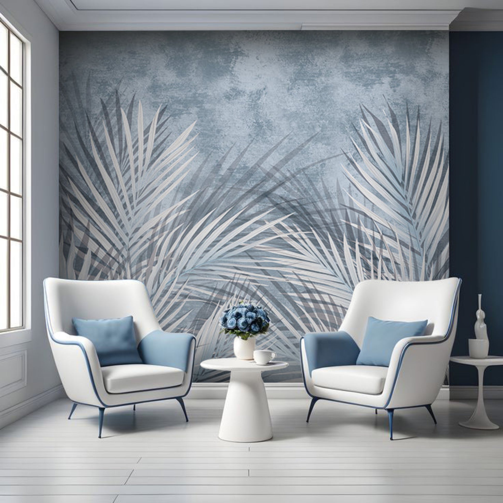 An architectural perspective of a high-end contemporary lounge featuring the Shaded Palmscape Mural in Blue as a full-scale feature wall. The mural’s cool, tranquil tones pair elegantly with white oak furniture, silver accents, and light gray textiles, creating a serene and cultured interior sanctuary.