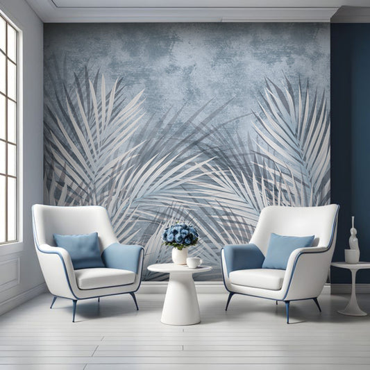 An architectural perspective of a high-end contemporary lounge featuring the Shaded Palmscape Mural in Blue as a full-scale feature wall. The mural’s cool, tranquil tones pair elegantly with white oak furniture, silver accents, and light gray textiles, creating a serene and cultured interior sanctuary.