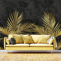 An architectural perspective of a high-end contemporary library or lounge featuring the Shaded Palmscape Mural in Brunette Brown as a full-scale feature wall. The mural’s deep, earthy tones pair elegantly with leather furniture, brass fixtures, and warm wood flooring, creating a cozy and cultured interior sanctuary.