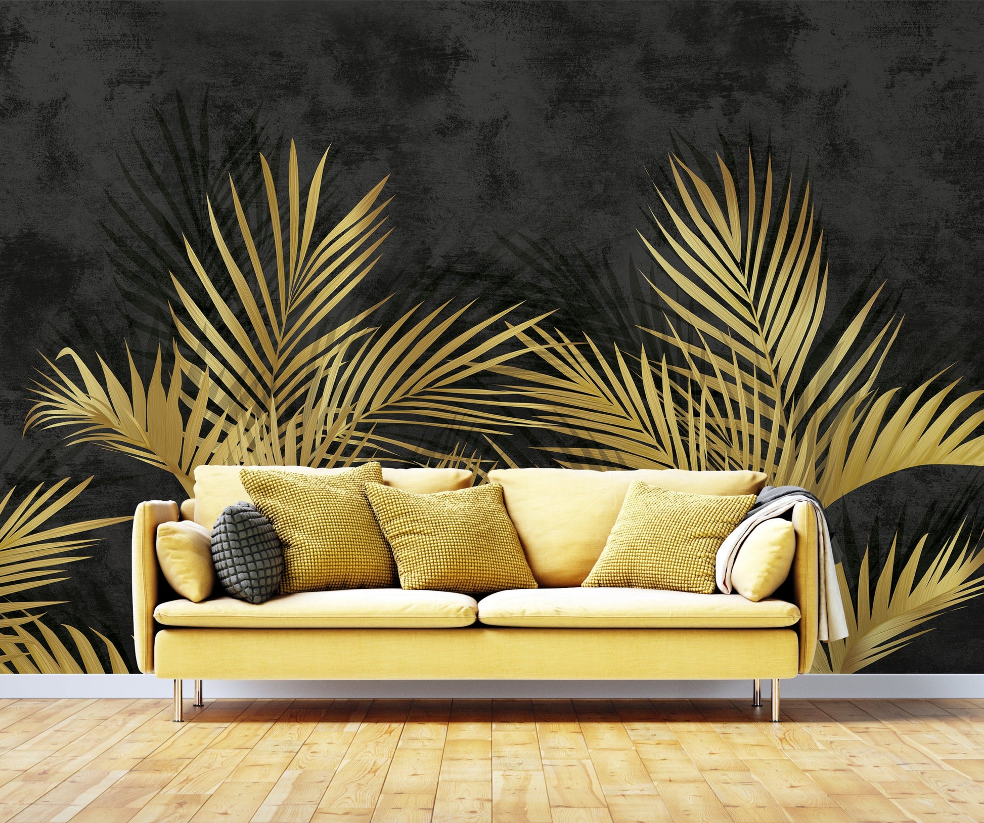 An architectural perspective of a high-end contemporary library or lounge featuring the Shaded Palmscape Mural in Brunette Brown as a full-scale feature wall. The mural’s deep, earthy tones pair elegantly with leather furniture, brass fixtures, and warm wood flooring, creating a cozy and cultured interior sanctuary.