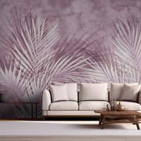 An architectural perspective of a high-end contemporary lounge featuring the Shaded Palmscape Mural in Bubblegum Pink as a full-scale feature wall. The mural’s vibrant, rosy tones pair elegantly with white minimalist furniture, gold accents, and light-filled interiors, creating a joyful and cultured sanctuary.