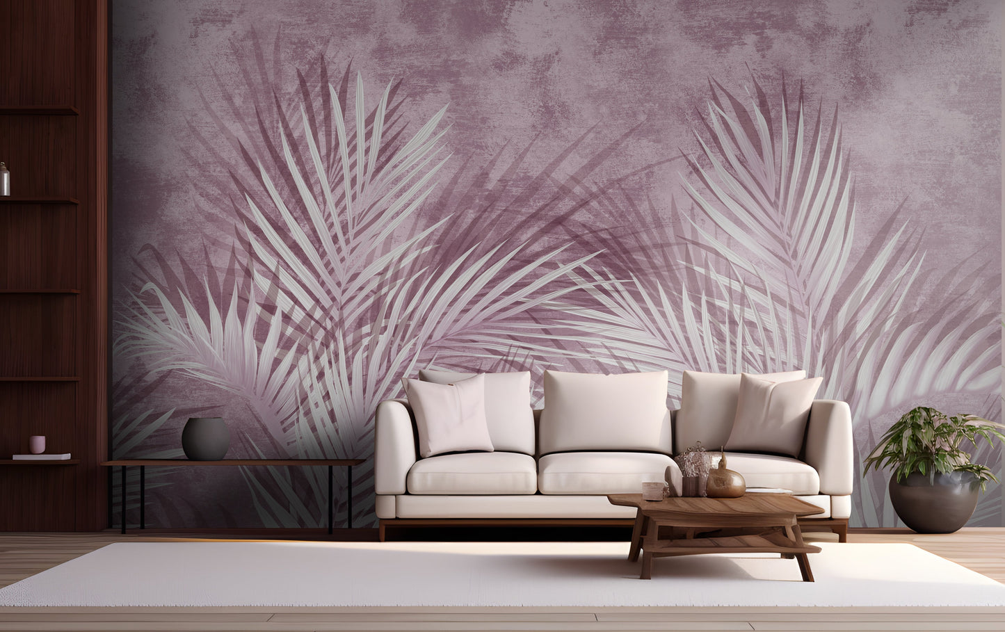 An architectural perspective of a high-end contemporary lounge featuring the Shaded Palmscape Mural in Bubblegum Pink as a full-scale feature wall. The mural’s vibrant, rosy tones pair elegantly with white minimalist furniture, gold accents, and light-filled interiors, creating a joyful and cultured sanctuary.