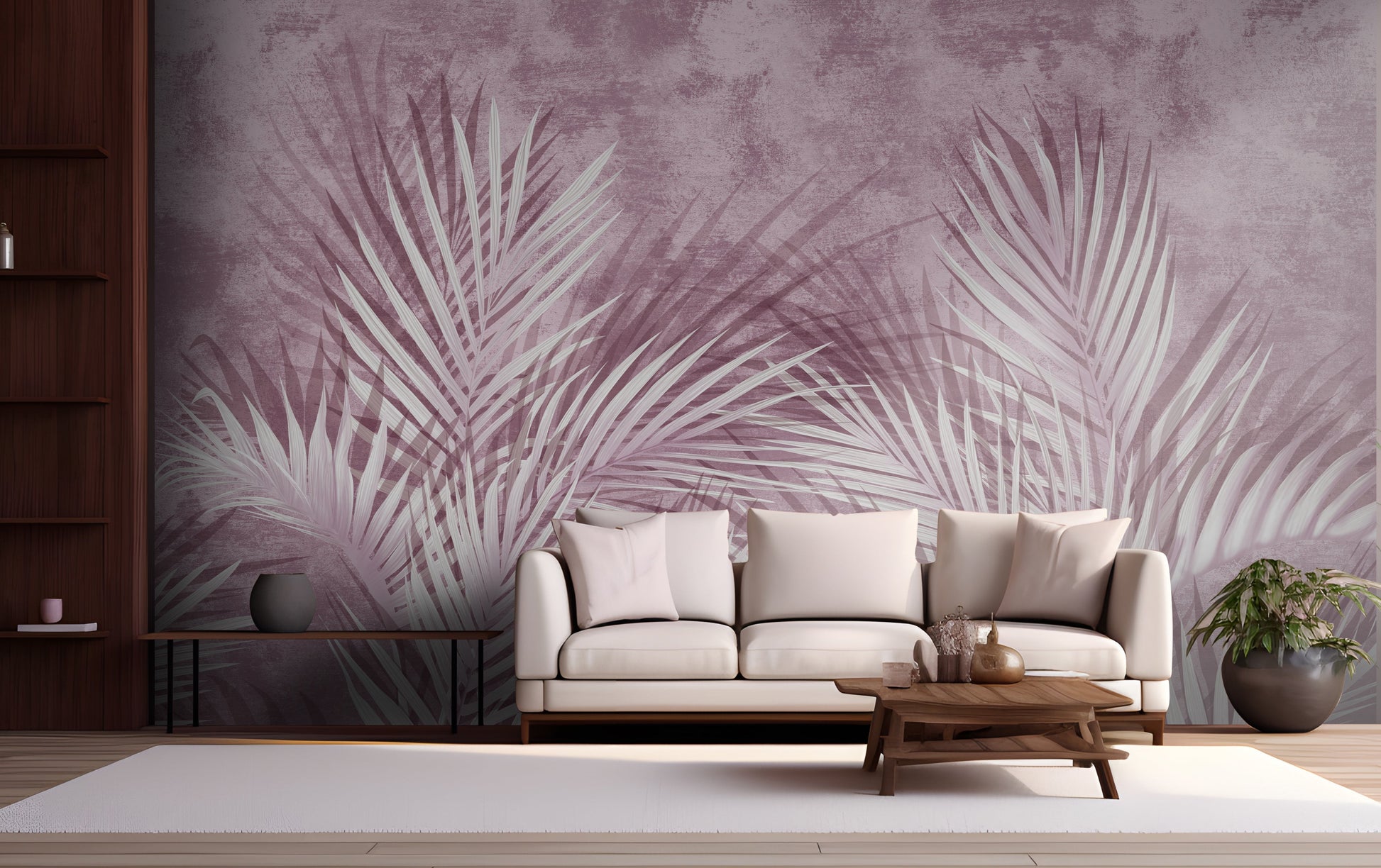 An architectural perspective of a high-end contemporary lounge featuring the Shaded Palmscape Mural in Bubblegum Pink as a full-scale feature wall. The mural’s vibrant, rosy tones pair elegantly with white minimalist furniture, gold accents, and light-filled interiors, creating a joyful and cultured sanctuary.