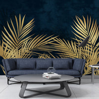 An architectural perspective of a high-end contemporary executive suite or formal dining room featuring the Shaded Palmscape Mural in Deep Oxford Blue as a full-scale feature wall. The mural’s deep, regal tones pair elegantly with metallic brass accents, dark velvet upholstery, and polished wood textures, creating a serene and cultured interior sanctuary.