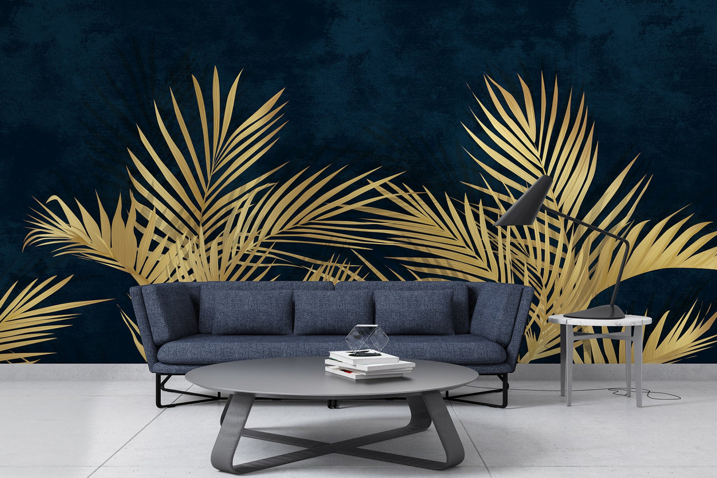 An architectural perspective of a high-end contemporary executive suite or formal dining room featuring the Shaded Palmscape Mural in Deep Oxford Blue as a full-scale feature wall. The mural’s deep, regal tones pair elegantly with metallic brass accents, dark velvet upholstery, and polished wood textures, creating a serene and cultured interior sanctuary.