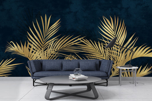 An architectural perspective of a high-end contemporary executive suite or formal dining room featuring the Shaded Palmscape Mural in Deep Oxford Blue as a full-scale feature wall. The mural’s deep, regal tones pair elegantly with metallic brass accents, dark velvet upholstery, and polished wood textures, creating a serene and cultured interior sanctuary.