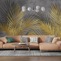 An architectural perspective of a high-end contemporary executive lounge featuring the Shaded Palmscape Mural in Flint Gray as a full-scale feature wall. The mural’s neutral, deep tones pair elegantly with black metal accents, mid-century furniture, and polished concrete flooring, creating a serene and cultured interior sanctuary.