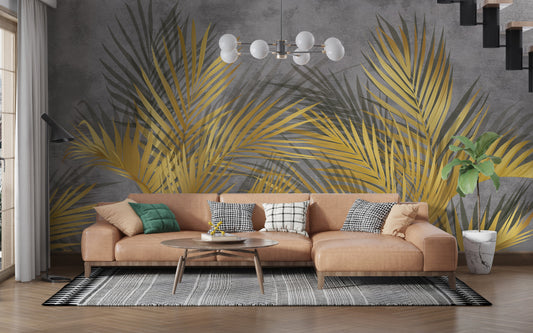 An architectural perspective of a high-end contemporary executive lounge featuring the Shaded Palmscape Mural in Flint Gray as a full-scale feature wall. The mural’s neutral, deep tones pair elegantly with black metal accents, mid-century furniture, and polished concrete flooring, creating a serene and cultured interior sanctuary.