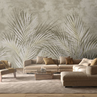 An architectural perspective of a high-end contemporary lounge featuring the Shaded Palmscape Mural as a full-scale feature wall. The mural’s warm, neutral tones pair elegantly with natural wood furniture, linen upholstery, and soft ambient lighting, creating a serene and cultured interior sanctuary.
