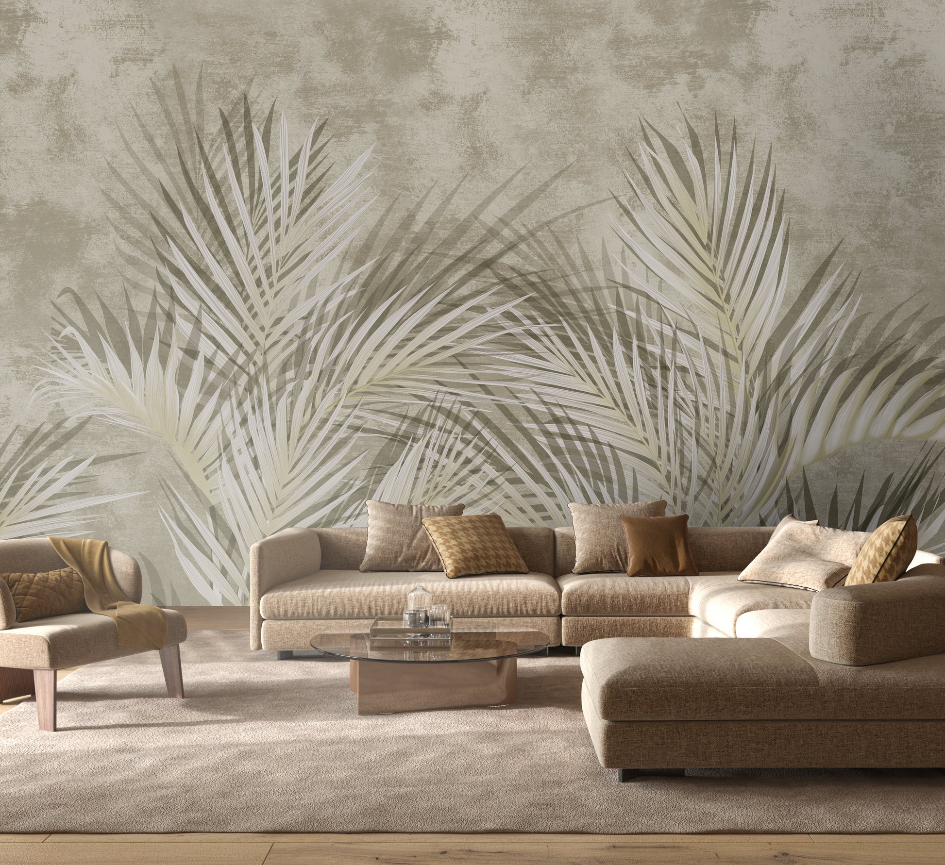 An architectural perspective of a high-end contemporary lounge featuring the Shaded Palmscape Mural as a full-scale feature wall. The mural’s warm, neutral tones pair elegantly with natural wood furniture, linen upholstery, and soft ambient lighting, creating a serene and cultured interior sanctuary.