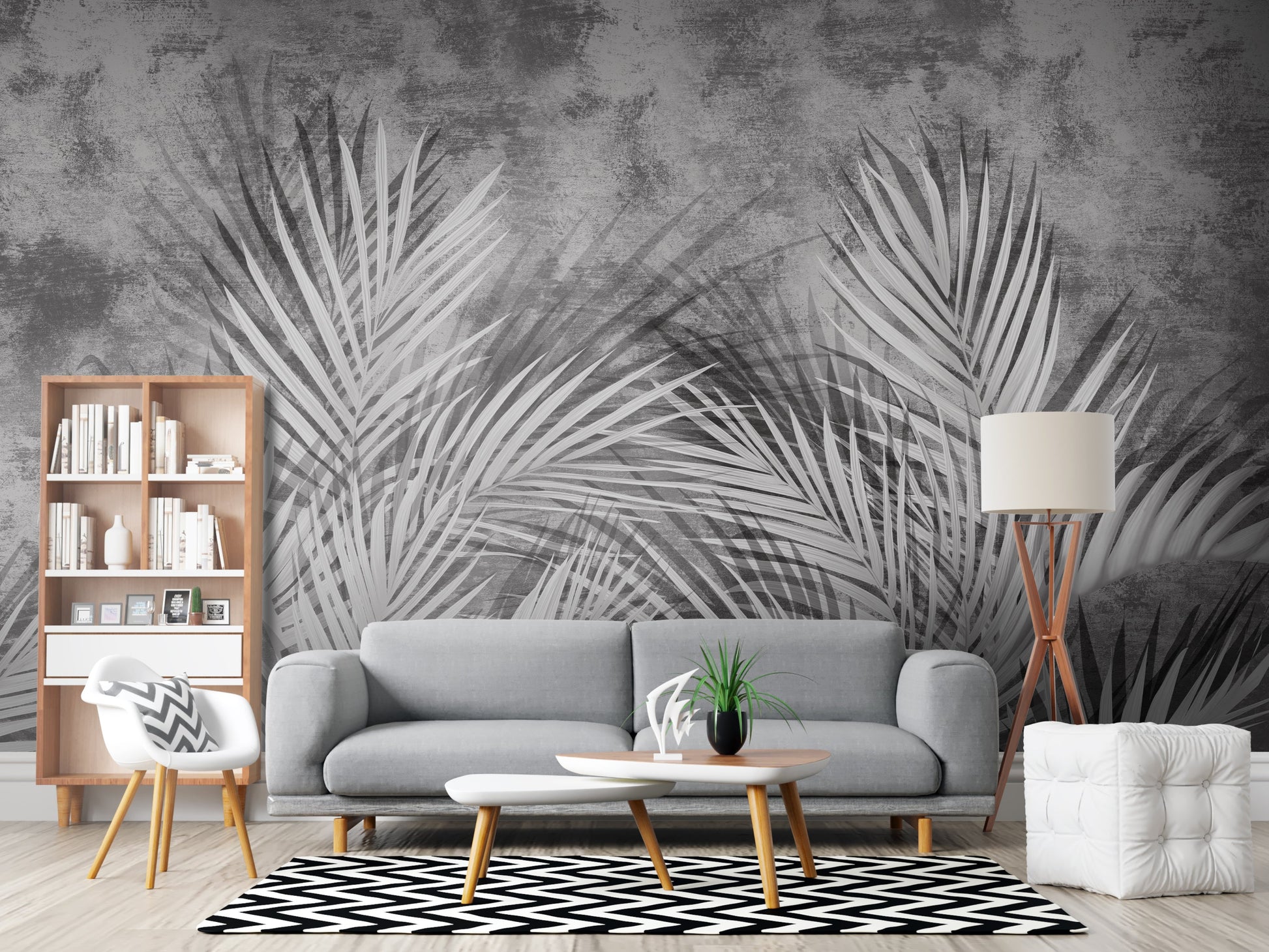 "Enhance your space with the Shaded Palmscape Tropical Palm Leaf Mural in Muted Gray. Featuring layered palm fronds in a sophisticated slate and ash palette, this artisan mural adds a moody, serene botanical feel to any modern room."
