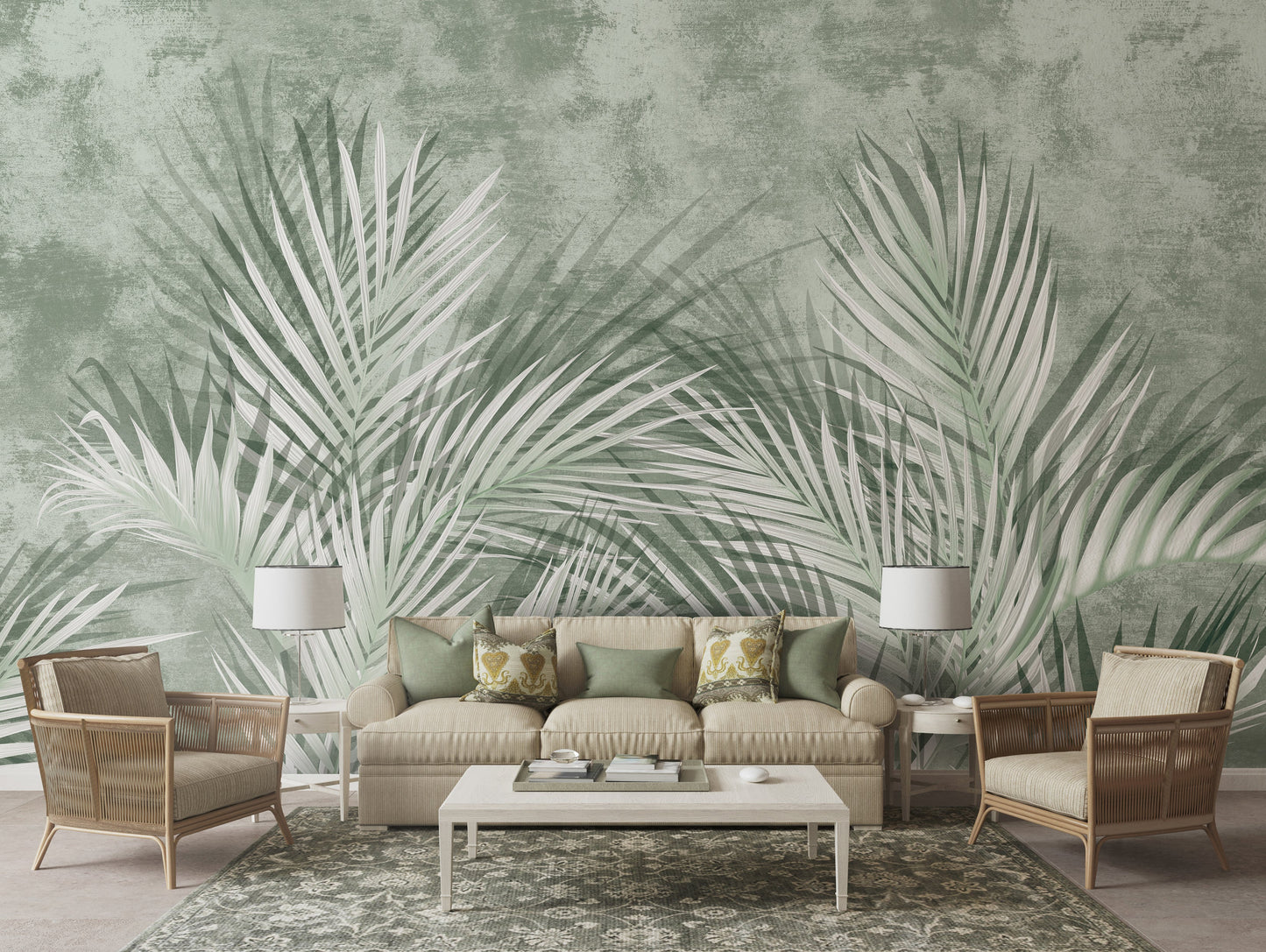 An architectural perspective of a high-end contemporary executive lounge featuring the Shaded Palmscape Mural in Sage Green as a full-scale feature wall. The mural’s cool, deep tones pair elegantly with dark metal accents, mid-century furniture, and polished stone flooring, creating a serene and cultured interior sanctuary.