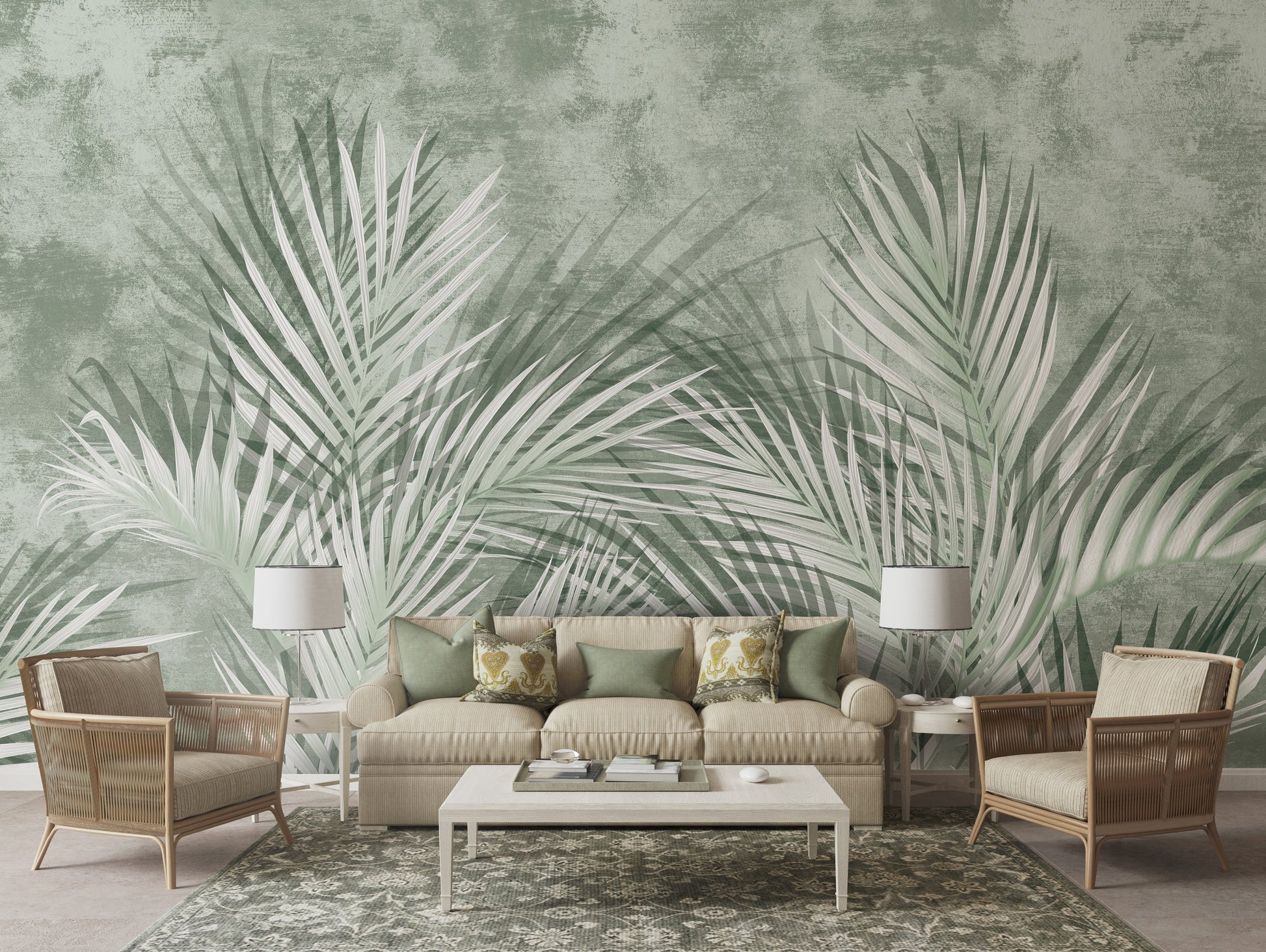 An architectural perspective of a high-end contemporary executive lounge featuring the Shaded Palmscape Mural in Sage Green as a full-scale feature wall. The mural’s cool, deep tones pair elegantly with dark metal accents, mid-century furniture, and polished stone flooring, creating a serene and cultured interior sanctuary.
