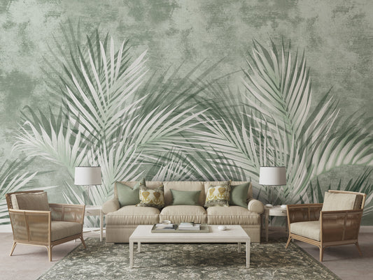 An architectural perspective of a high-end contemporary executive lounge featuring the Shaded Palmscape Mural in Sage Green as a full-scale feature wall. The mural’s cool, deep tones pair elegantly with dark metal accents, mid-century furniture, and polished stone flooring, creating a serene and cultured interior sanctuary.