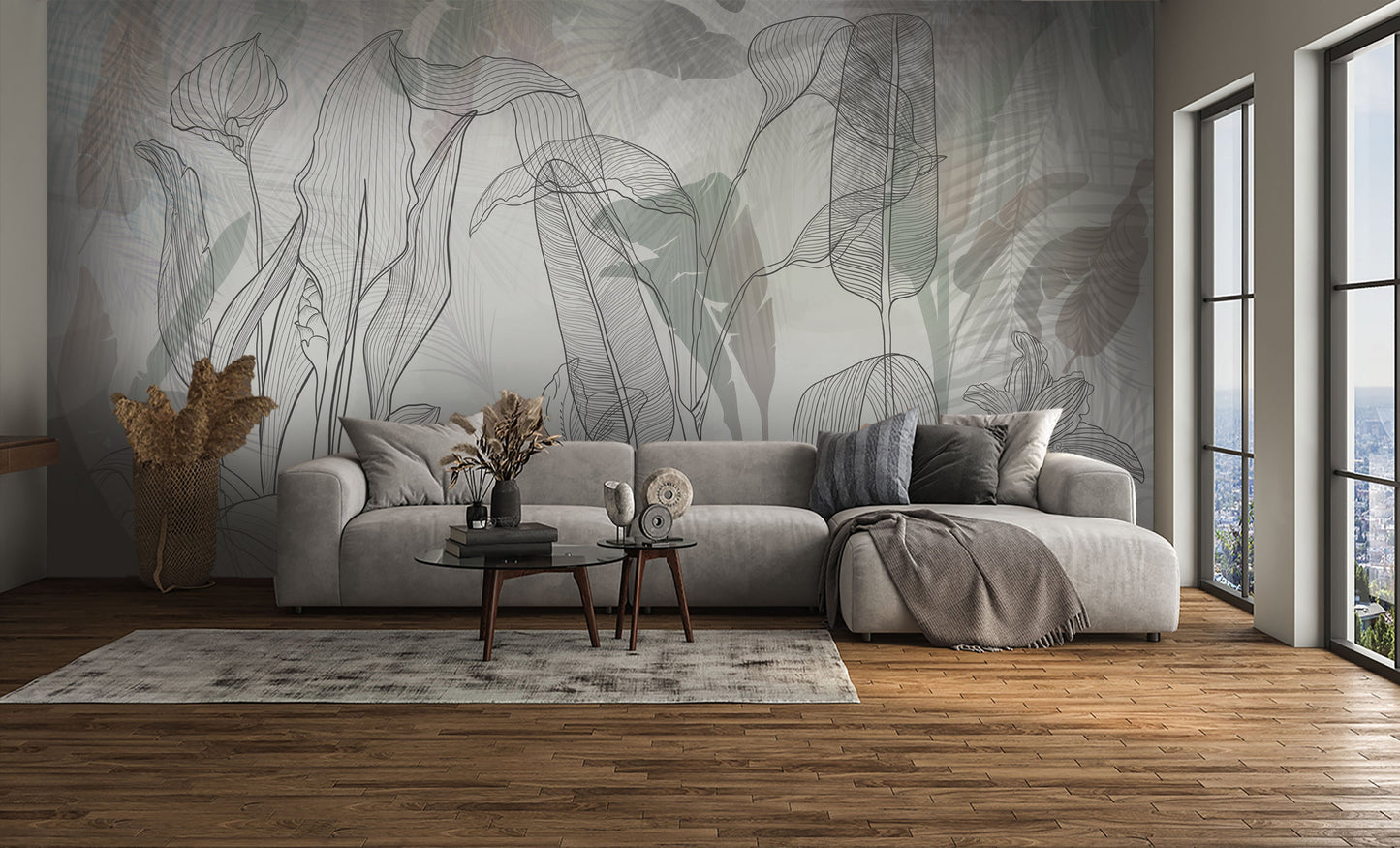 An architectural perspective of a modern luxury lounge featuring the Shadowleaf Symphony Mural in Greige as a full-scale backdrop. The mural's airy, transparent composition pairs seamlessly with mid-century modern furniture, natural wood flooring, and large windows that emphasize its sophisticated tonal shifts.