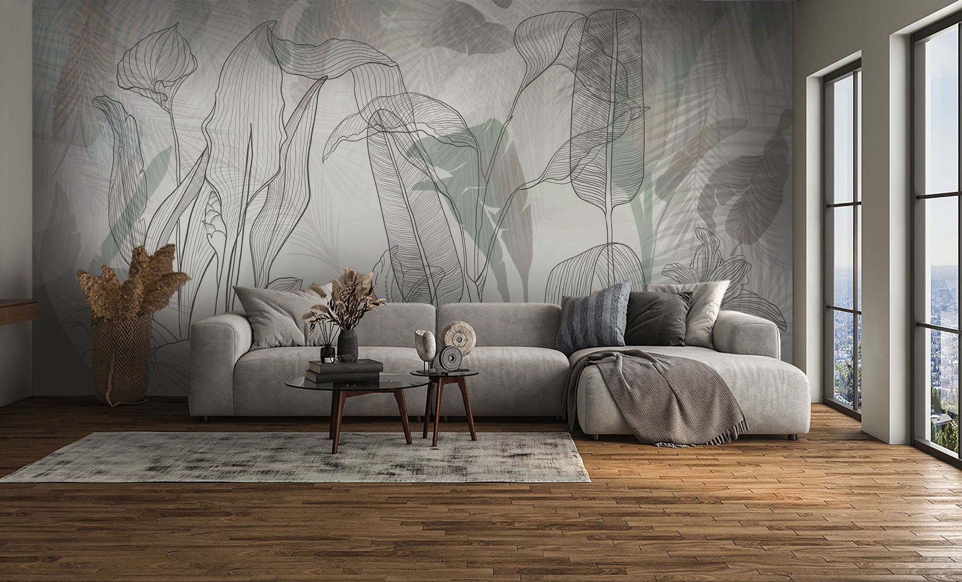 An architectural perspective of a modern luxury lounge featuring the Shadowleaf Symphony Mural in Greige as a full-scale backdrop. The mural's airy, transparent composition pairs seamlessly with mid-century modern furniture, natural wood flooring, and large windows that emphasize its sophisticated tonal shifts.