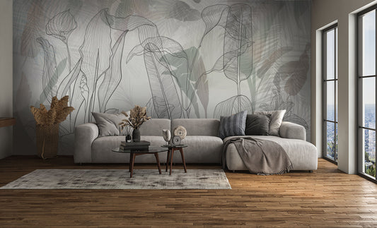 An architectural perspective of a modern luxury lounge featuring the Shadowleaf Symphony Mural in Greige as a full-scale backdrop. The mural's airy, transparent composition pairs seamlessly with mid-century modern furniture, natural wood flooring, and large windows that emphasize its sophisticated tonal shifts.