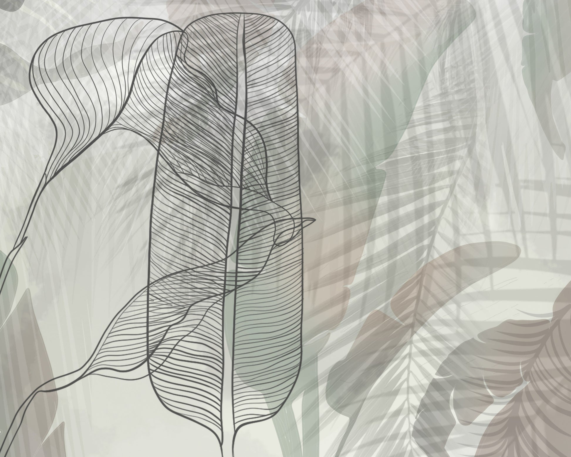 A high-resolution detail of the Shadowleaf Symphony Tropical Wallpaper, highlighting the intricate sketch-style outlines and the delicate, hand-drawn veining of the oversized leaves. The image showcases the artistic layering of charcoal line art against a misty, neutral background of soft grey and taupe.