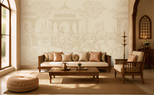 Shahi Vatika Luxury Wall Mural in Ivory Sand featuring traditional Indian heritage artwork with royal figures, palace architecture, trees, peacocks, and deer for elegant interiors.