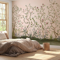Sherbet peach whispering peonies mural wallpaper decorative floral wall design in modern dining room.