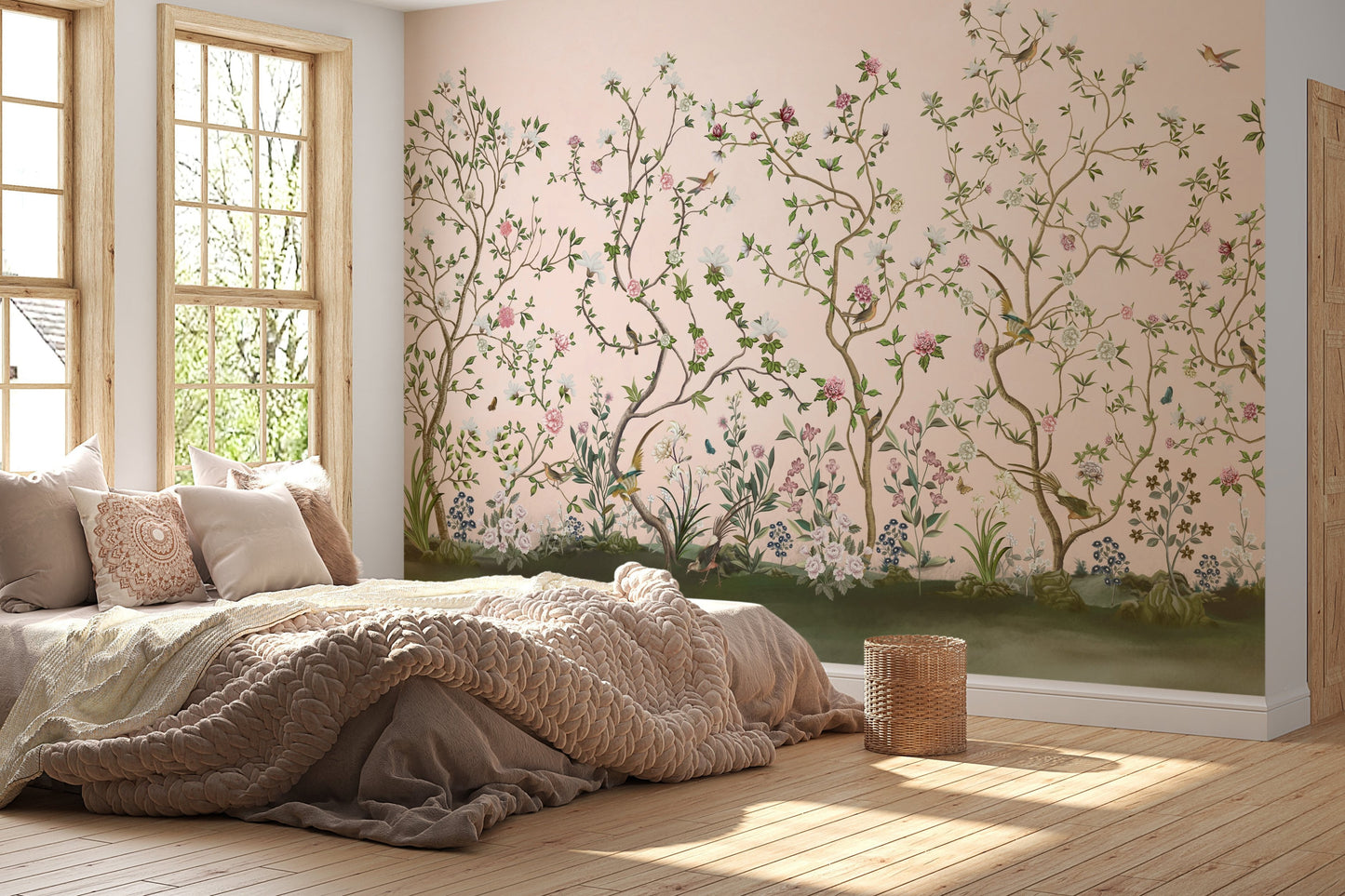 Sherbet peach whispering peonies mural wallpaper decorative floral wall design in modern dining room.