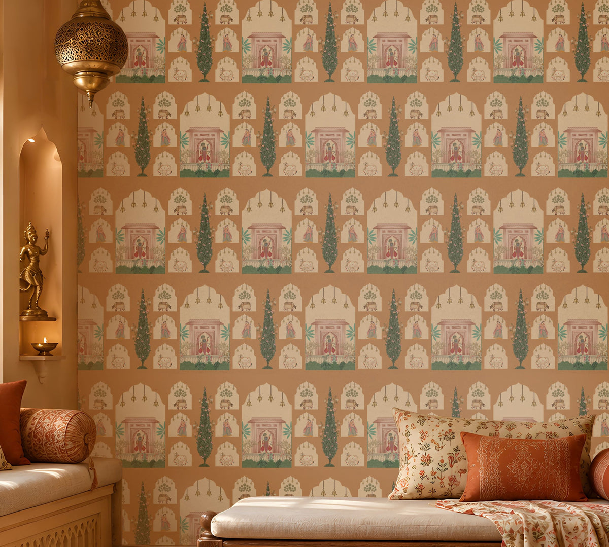 Shriji Darbar Heritage Wallpaper featuring intricate Indian palace arches, royal court illustrations, and elegant cypress tree motifs on a warm terracotta beige background, displayed in a luxurious traditional living room with carved wooden furniture, ethnic textiles, and brass décor accents.