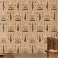 Shriji Darbar Heritage Wallpaper in soft powder pink with intricate Indian palace architecture, royal darbar scenes, decorative arches, and cypress tree motifs in a seamless repeating pattern, displayed in a traditional luxury living room with carved wooden furniture and warm ethnic décor. 