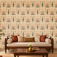 Shriji Darbar Heritage Wallpaper in beige featuring traditional Indian palace motifs, royal court illustrations, ornate arches, and elegant cypress trees, styled in a seamless repeating pattern for living room and bedroom walls.