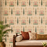 Shriji Darbar Heritage Wallpaper in beige featuring traditional Indian palace motifs, royal court illustrations, ornate arches, and elegant cypress trees, styled in a seamless repeating pattern for living room and bedroom walls.