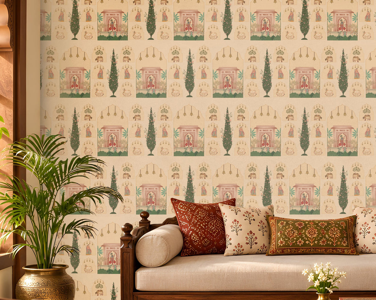 Shriji Darbar Heritage Wallpaper in beige featuring traditional Indian palace motifs, royal court illustrations, ornate arches, and elegant cypress trees, styled in a seamless repeating pattern for living room and bedroom walls.