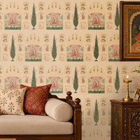 Shriji Darbar Heritage Wallpaper in beige featuring traditional Indian palace motifs, royal court illustrations, ornate arches, and elegant cypress trees, styled in a seamless repeating pattern for living room and bedroom walls.