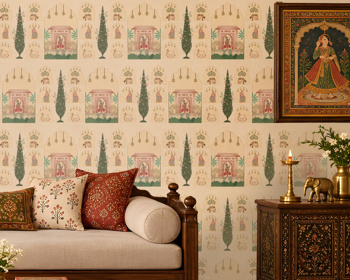 Shriji Darbar Heritage Wallpaper in beige featuring traditional Indian palace motifs, royal court illustrations, ornate arches, and elegant cypress trees, styled in a seamless repeating pattern for living room and bedroom walls.