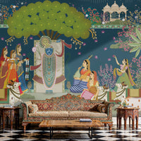 A traditional Pichwai wall mural depicting Lord Shrinathji with Gopis and holy cows under a large green tree against a deep blue background in a luxury living room.