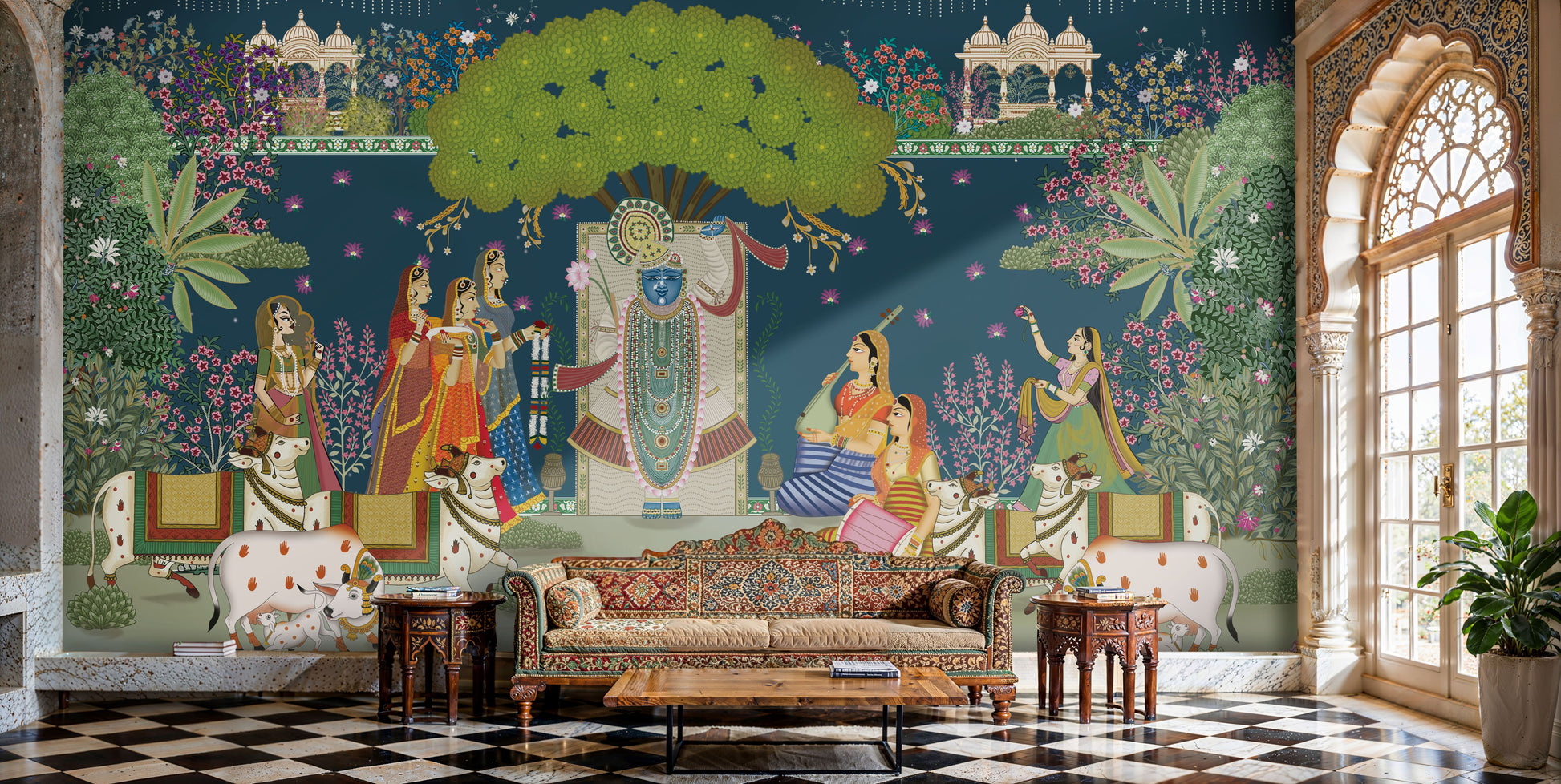 A traditional Pichwai wall mural depicting Lord Shrinathji with Gopis and holy cows under a large green tree against a deep blue background in a luxury living room.